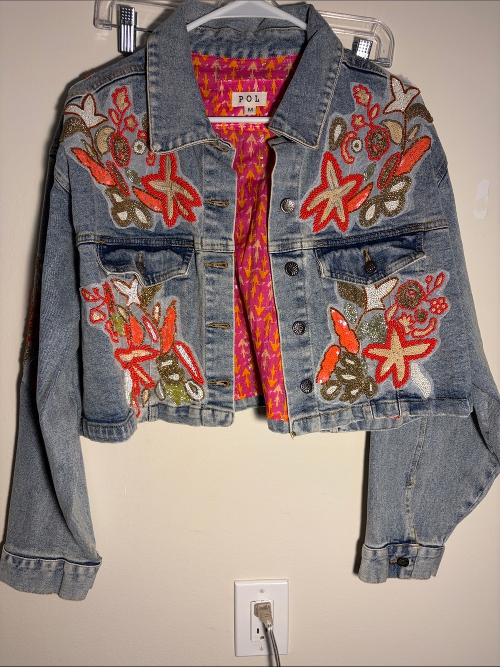 POL Cropped Embroidered Denim Jacket in Light Blue with Orange Accents